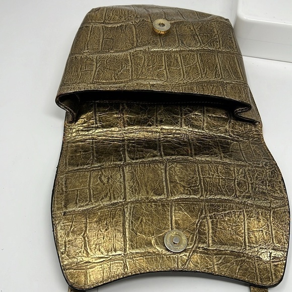Carlos Falchi Structured Crossbody Goldtone Pewter Croc Embossed Leather Bag - Picture 9 of 15